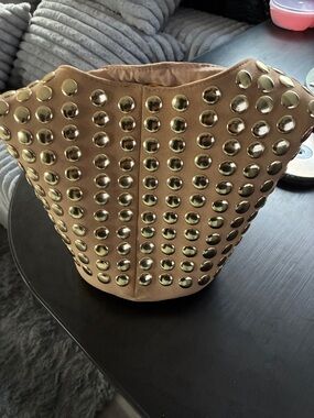 Studded Bucket Hobo Bag in Tan with Gold Accents